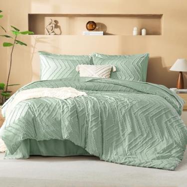 Imagem de Litanika Conjunto de edredom super king size com lençol verde sálvia – 7 peças, cama em um saco, tamanho king, boho, tufado, completo com edredom, lençóis, fronhas e fronhas