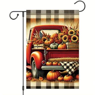 Imagem de Starlit Patio Bandeira de jardim de outono caminhão vermelho com bandeira de girassol de abóbora 30,5 x 45,7 cm dupla face colheita outono casa de fazenda banner vintage quintal decoração ao ar livre