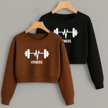 Imagem de Kit com 2 Cropped Moletom Estampa Barra Fitness Modinha Gym Academia T