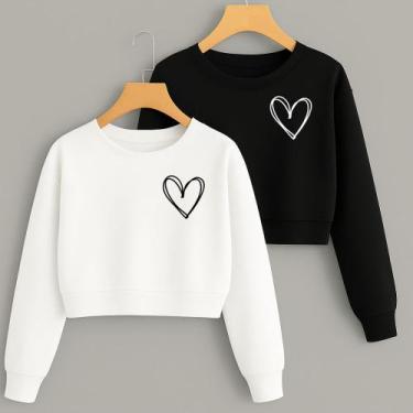 Imagem de Kit com 2 Cropped Moletom Estampa Corações Linhas Fofo Feminino Invern