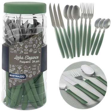 Imagem de Kit 24 Pçs Talheres Faca Inox Martinazzo Pote Linha Elegance Garfo Colher Sobremesa (Sálvia)