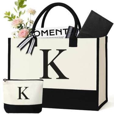 Imagem de GENGBIN Sacola de lona personalizada, presente monograma com zíper para mulheres, Branco, One Size