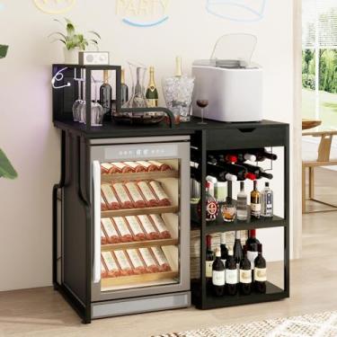 Imagem de PUNCIA Armário de bar de vinhos com adega, armazenamento de geladeira, suporte e gaveta de vidro com iluminação LED – Armário de bebidas elegante e mesa de café para casa, bar, sala de estar ou