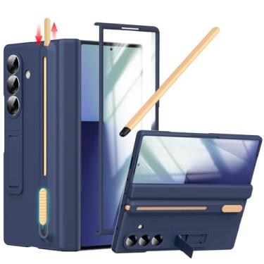Imagem de YQODSZ Capa para Samsung Galaxy Z Fold 7 com suporte para caneta S e caneta Stylus, Z Fold 7 porta-canetas com suporte Z Fold 7 capa de dobradiça cobertura total para Z Fold 7 azul escuro
