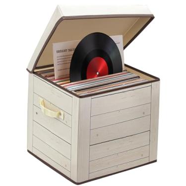 Imagem de Livememory Vinly Caixa de armazenamento de discos para mais de 75 LPs únicos (30,5 cm) - Caixa dobrável para álbuns com tampa e alças, suporte de disco de vinil de 33 x 33 cm x 33 cm