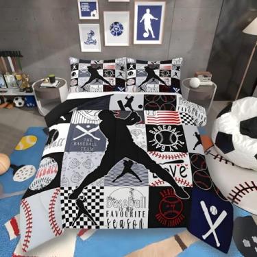 Imagem de Jogo de cama para meninos, beisebol, queen, esportes, bola esportiva, jogos de taco de beisebol, edredom adolescente, jogador de softball, edredom para fãs de softball, preto e vermelho