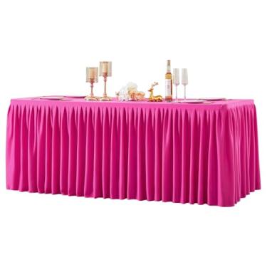 Imagem de Roupa de mesa de poliéster rosa choque para mesas retangulares de 1,2 m, sem vincos, com saia de mesa plissada com babados para festa de aniversário, casamento, feira, evento