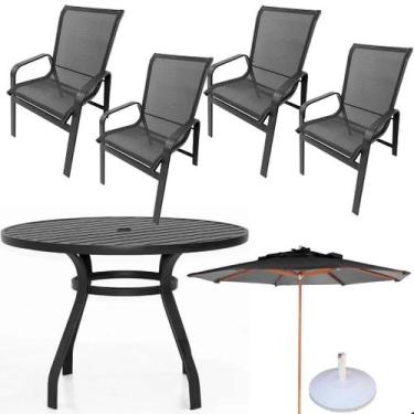 Imagem de Jogo de Mesa Ripada com 4 Cadeiras Alumínio e Ombrelone para Jardim e 