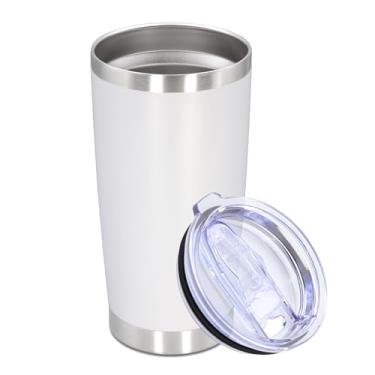 Imagem de Copo de aço inoxidável de 590 ml com tampa, caneca de viagem de parede dupla isolada a vácuo, durável, revestida, pó, para bebidas quentes e frias, branca, 1 pacote