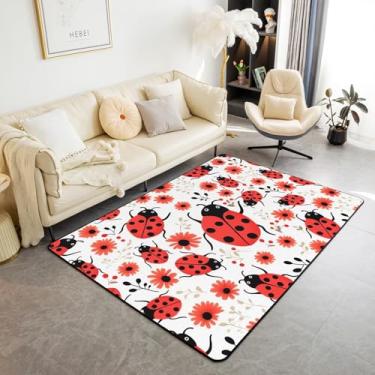 Imagem de Erosebridal Tapetes para sala de estar, joaninha, 1,5 m x 1,28 m, tapete decorativo com sete manchas para crianças, meninas, mulheres, floral, botânico, preto, vermelho, branco, tapete decorativo