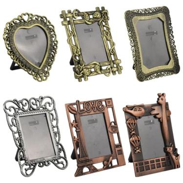 Imagem de SOFPLATE 6 peças, 6 estilos, mini porta-retrato de coração, molduras de liga de liga retângulo colorido sortidas vintage retrô pequenas imagens de metal acessórios para casa, escritório, mesa de carro
