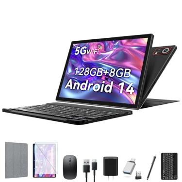 Imagem de Tablet Android 14 2025 com teclado, 8 (4 + 4) GB + 128 GB + 1 TB de expansão, tablets Octa-Core 2 em 1 de 10,1 polegadas com tela IPS HD, WiFi 5G, bateria de 6000 mAh, tela dividida, desbloqueio