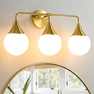 Imagem de HAHZT Luminárias de banheiro para banheiro: luminárias modernas de banheiro de 3 luzes de meados do século sobre o espelho - Arandela de parede dourada em latão com vidro globo branco leitoso para