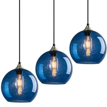 Imagem de LBSQJ Luzes pendentes de vidro azul ilha de cozinha globo luminária pendente moderna para cozinha ilha quarto sala de jantar luminária (20 cm, pacote com 3)