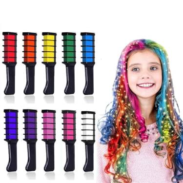 Imagem de Kalolary Giz de cabelo de 10 cores para meninas e crianças, tintura de cabelo brilhante temporária presentes de Páscoa para meninas de 4 5 6 7 8 9 10 anos ou mais, pente de giz de cabelo lavável para