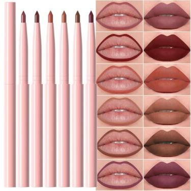 Imagem de Conjunto de 6 lápis de batom retráteis naturais nude bege para delineador labial para modelar e esculpir lábios, lilás, marrom, vermelho-escuro, laranja, chocolate, ameixa, cremoso, fosco, veludo