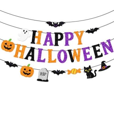 Imagem de Guirlanda de Feliz Dia das Bruxas – Letreiro de glitter e personagem assustador com recortes de fantasma, abóbora, morcego e gato para festa de Halloween, decoração de casa, doces ou travessuras e