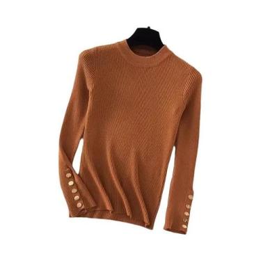 Imagem de Suéter Feminino De Tricô Grosso Em Caqui, Pulôver Com Botões, Ajuste S