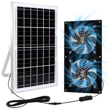 Imagem de HNRLOY Exaustor movido a energia solar para exterior, estufa, sótão, galpão, galinheiro, casa de cachorro (painel solar de 15 W + 2 ventiladores solares)