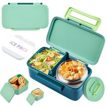 Imagem de MAISON HUIS Lancheira infantil com garrafa térmica, à prova de vazamento com pote de comida isolado de 227 g, recipiente de 2 compartimentos para meninas e meninos de volta às aulas (verde)