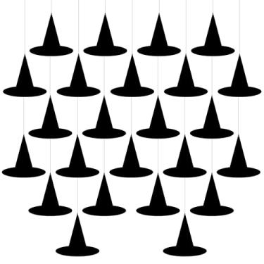 Imagem de mortd 24Pcs Halloween Witch Hat Hanging Decorations, Black Witch Hat Hanging Ornament for Yard Home Ceiling Wall Tree Decorations, Spooky Paper Witch Hats Backdrop for Halloween Party Supplies