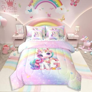 Imagem de Jogo de cama solteiro de unicórnio para meninas, arco-íris, rosa, unicórnio, 7 peças, galáxia, estrelas, gradiente, com glitter, para decoração de quarto de princesa, kawaii, fofo, alfabeto, letra G