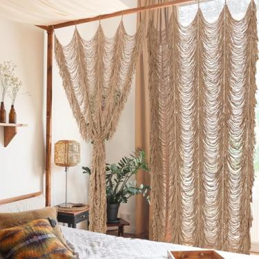 Imagem de Boshen Cortina feita à mão Macramê Boho, 1 painel de porta de janela, decoração de parede, 100% algodão, arte, artesanato, divisória para quarto, sala de estar, casamento, 190 cm C x 149 cm L Kakki