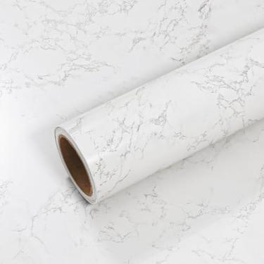 Imagem de VEELIKE Papel de contato de mármore fosco de 38 cm x 354 cm para bancadas à prova d'água papel de parede de mármore branco cinza descasque e cole bancadas para bancadas de cozinha, papel autoadesivo