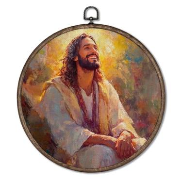Imagem de Giosve Pôster emoldurado em tela de parede redonda Jesus Cristã, versículo religioso da Bíblia Rindo Jesus, esculturas de parede penduradas para decoração de igreja, casa, quarto, sala de oração, 25 x
