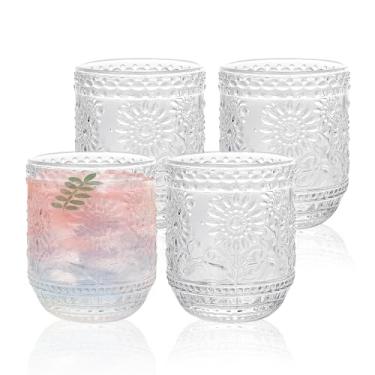 Imagem de YTDTKJ Copos de vinho vintage de 340 g, conjunto de 4 copos de água transparente, copos com design de girassol, vidro floral em relevo para coquetéis, cerveja, uísque, água e suco (transparente)