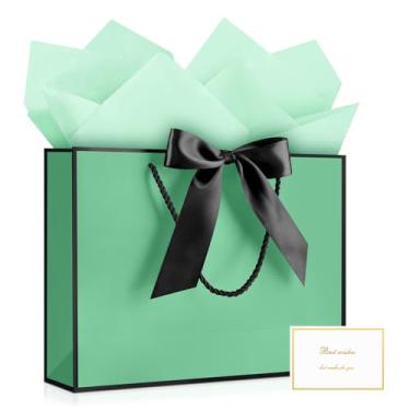 Imagem de JMANNI 1 bolsa de presente grande com fita e 1 cartão de felicitações, 2 papéis de seda, bolsa de presente de papel portátil com alças, sacos de presente de aniversário para festa de casamento, dia