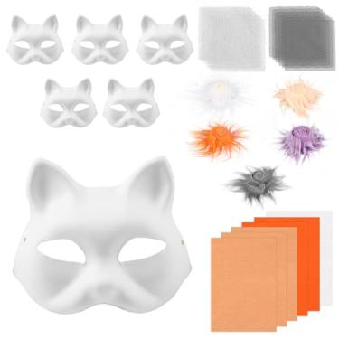 Imagem de Kit de máscara de papel faça você mesmo atraente kit de máscara de gato DIY aumenta a diversão kit de máscara de gato estimular para festas (marrom claro)