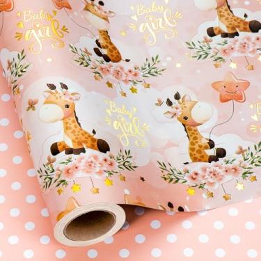 Imagem de MAYPLUSS Rolo de papel de embrulho reversível para bebê, papel de embrulho para chá de bebê, papel de embrulho de papel metálico fofo de girafa para crianças recém-nascidas para presente de 1º