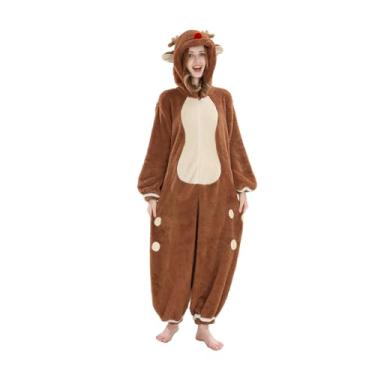 Imagem de NSPSTT Pijama de animal adulto macacão de rena de Natal cosplay pijamas fantasias de Halloween marrom, tamanho P