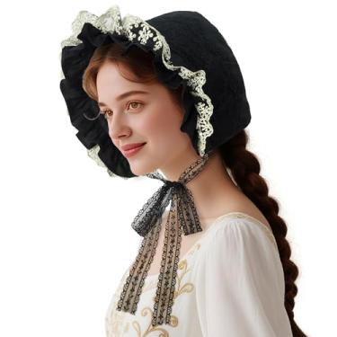 Imagem de Boné feminino Pioneer - chapéu colonial camponês amish, boné de pradaria, touca de dormir, acessório de fantasia de cosplay de empregada (estilo-C preto)