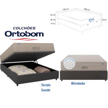 Imagem de Conjunto Colchão Ortobom Airtech Viúva 128x188 Molas Ensacadas + Cama Box Baú Blindada Suede para Quartos Compactos
