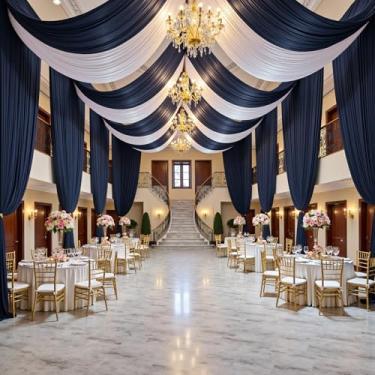 Imagem de Cortina de teto azul marinho de 6,8 m × 20 pés para festas de casamento, tecido drapeado de poliéster sem rugas, cortina azul para festa, barraca, hotel, banquete, salão, decoração de teto, 4 painéis
