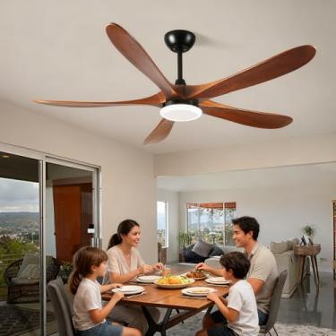 Imagem de Yijingkc Ventilador De Teto De Madeira Maciça De 52" Com Luz Led E Controle Remoto, Motor Cc Silencioso De 5 Pás Para Ambientes Internos/Externos, Para Pátio, Quarto E Sala De Estar, Estilo Fazenda