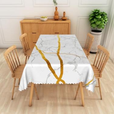 Imagem de OERJU Toalha de mesa de mármore para mesas retangulares, branca, cinza, dourada, textura de mármore, toalha de mesa de tecido com estampa de mármore, capa de mesa para festas, piquenique, acampamento