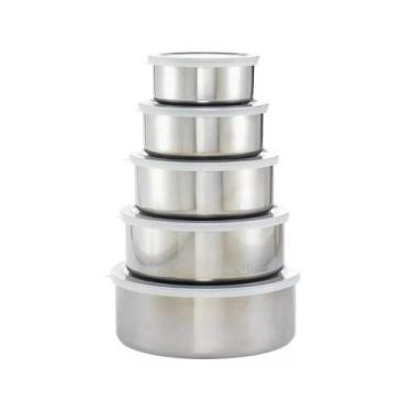 Imagem de Jogo Conjunto 5 Potes Metal Bowls Tigela Inox Com Tampa Redondo Armaze