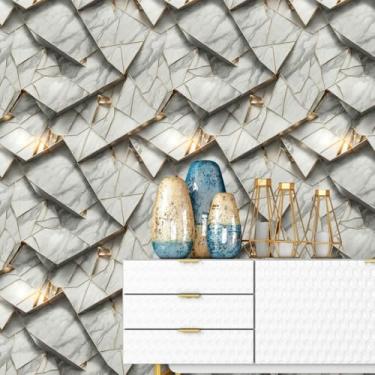 Imagem de ESSMOKO Papel de parede metálico cinza branco pedra fio dourado fundo 3D PVC papel de parede autoadesivo para sala de estar, quarto, banheiro, cozinha cinza 45 * 500 cm