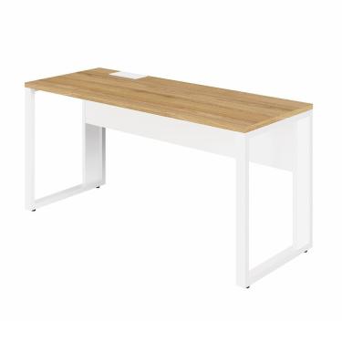 Imagem de Mesa Plataforma 120cm Individual com Caixa de Tomadas Pés Metal Industrial Executive Macadâmia / Branco