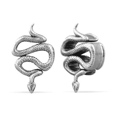 Imagem de PUNKYOUTH 1 par de túneis de orelha de serpente enigmática – alargadores de sela de cobra góticos ocultos duplos alargados para mulheres e homens com orelhas esticadas, joias de Halloween Darkwear 0g