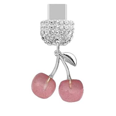 Imagem de ELISE & FONDA TP923 Tipo-C porta de carregamento cristal antipoeira plugue grande cereja 3D com pingente de celular glitter para iPhone 15/16/Samsung/OnePlus/Xiaomi/oppo telefones Android (rosa)