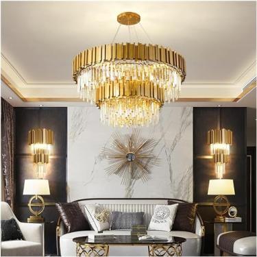 Imagem de Lustre moderno de cristal LED lustres de teto iluminação ouro luxo pendurado luminária para sala estar decoração hall lâmpada pendurada decoração para casa lâmpada, 55cm luz dupla quente
