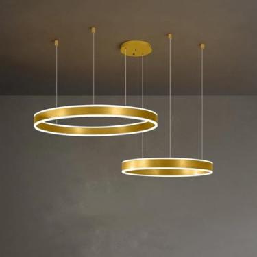 Imagem de Lustre moderno minimalista dourado com LED regulável, luminárias pendentes circulares, lustre de teto redondo para entrada, sala de estar, sala de jantar, cozinha, hall de entrada, 2 anéis,