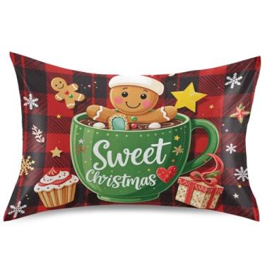 Imagem de Gredecor Fronha de cetim de Natal inverno king size doce pão de gengibre vermelho preto capa de almofada de seda para casa sofá quarto 50 x 76 cm