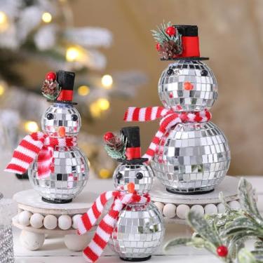 Imagem de VioraWhite 3 peças de decoração de bola de discoteca estética em forma de boneco de neve com glitter, enfeite de espelho, estátuas, artesanato, presentes de festa de Natal para quarto, mesa, decoração