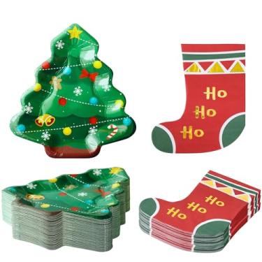 Imagem de Winoo Design 100 peças de pratos e guardanapos de sobremesa de Natal a granel - pacote com 50 - pratos de papel de árvore pequena pratos descartáveis de Natal meias guardanapos para decorações de