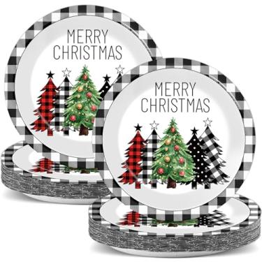 Imagem de CHUNNIN 50 peças de pratos de papel xadrez de búfalo de 18 cm preto e branco decoração de mesa Feliz Natal descartável árvores de Natal utensílios de mesa para Natal, férias, artigos de festa de